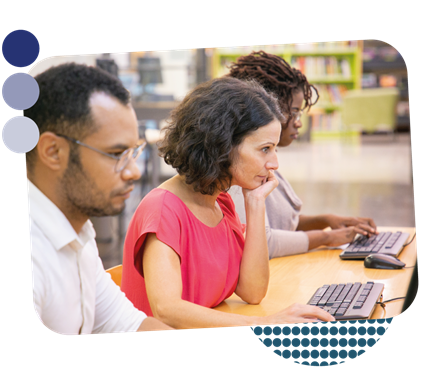 Three people working through a digital learning course on their computer